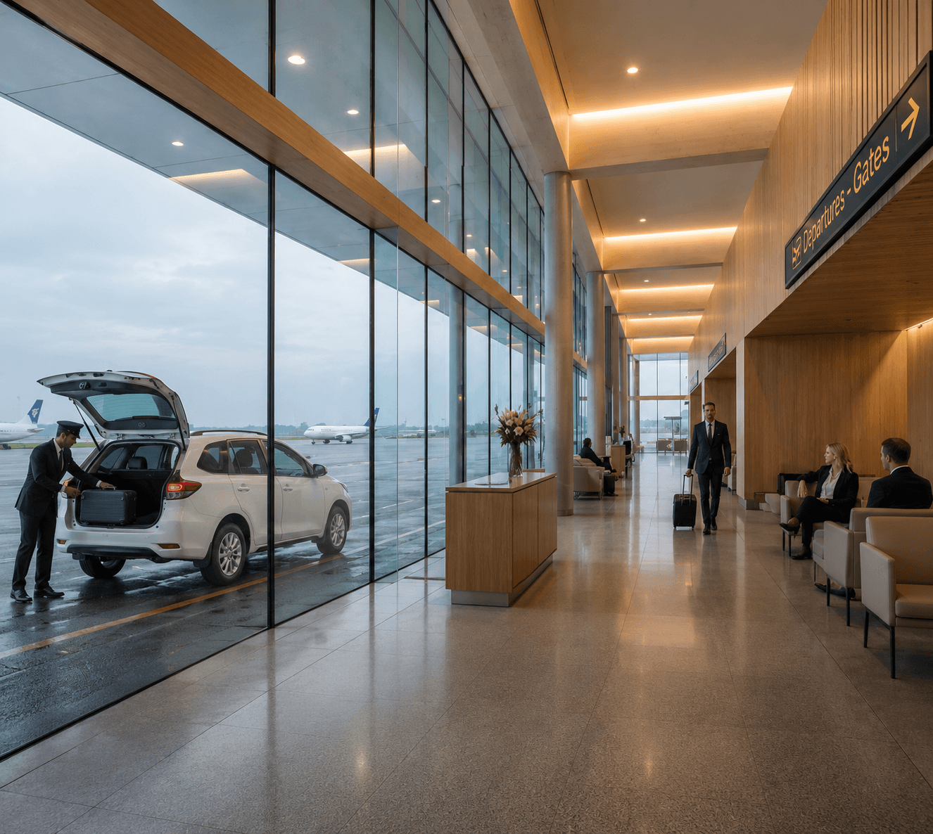 Airport transfer corridor with cab pickup outside