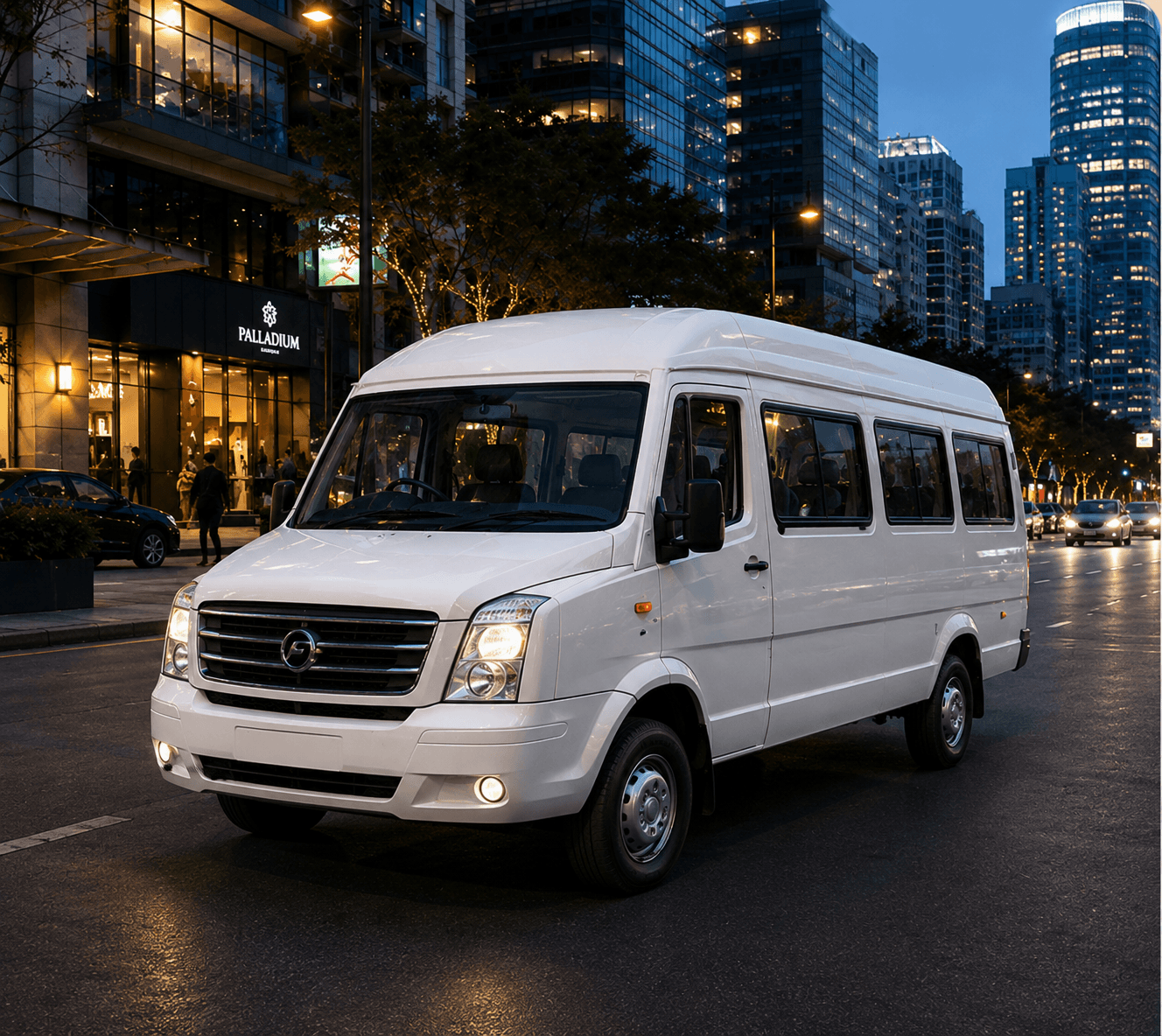 Tempo traveller van on a city street at night
